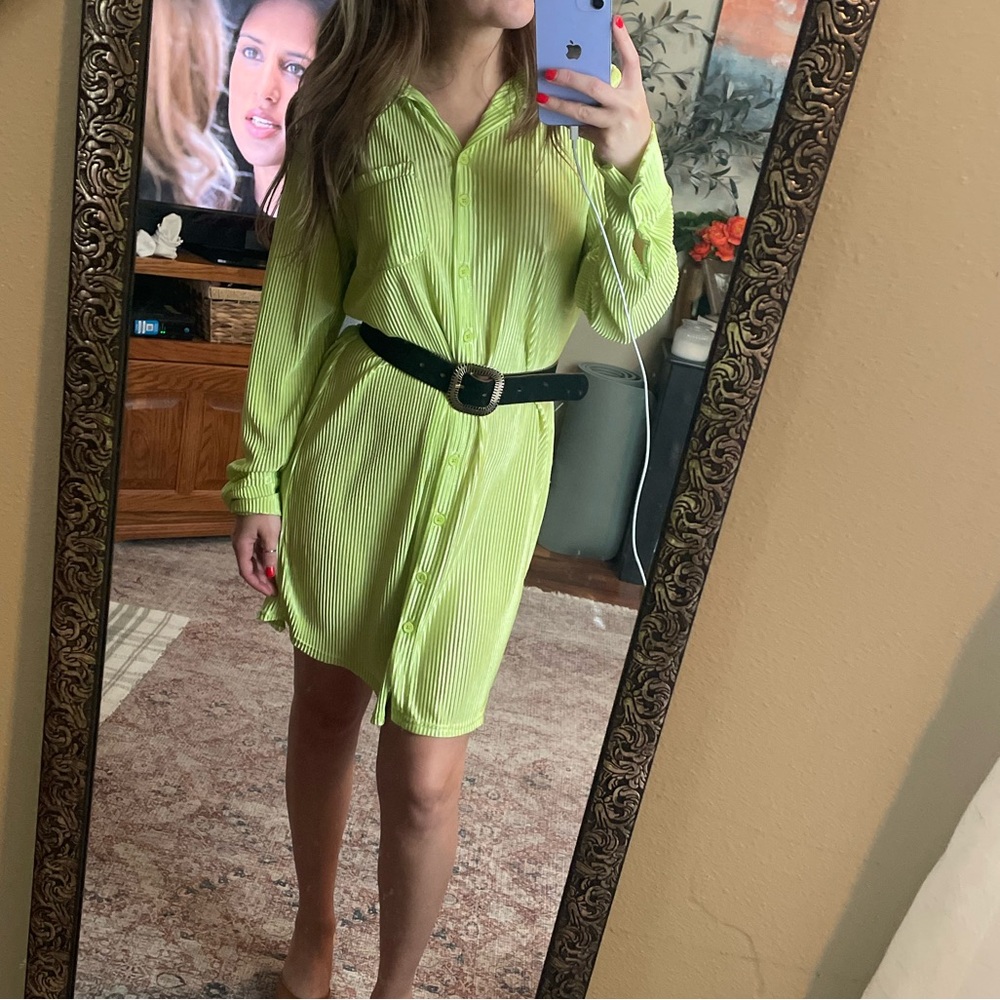 Lime Green Lettuce Ribbed Shirt Dress